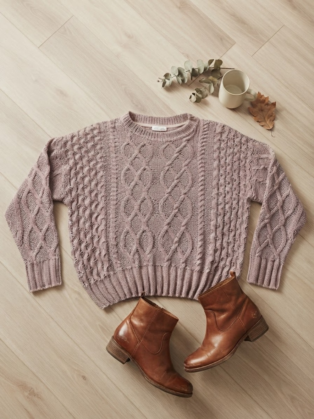 RD Style Pink Grey Marled Cable Knit Sweater Medium